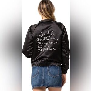 Volcom Womens Reversible Satin Bomber Jacket Black Graphic Zip Up Medium NEW